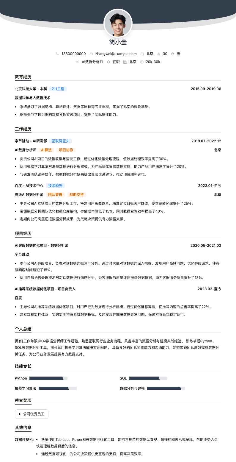 ai数据分析师简历模板