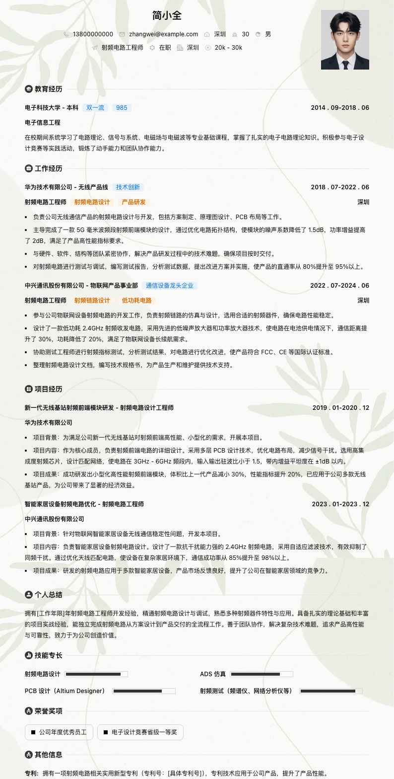 射频电路工程师简历模板