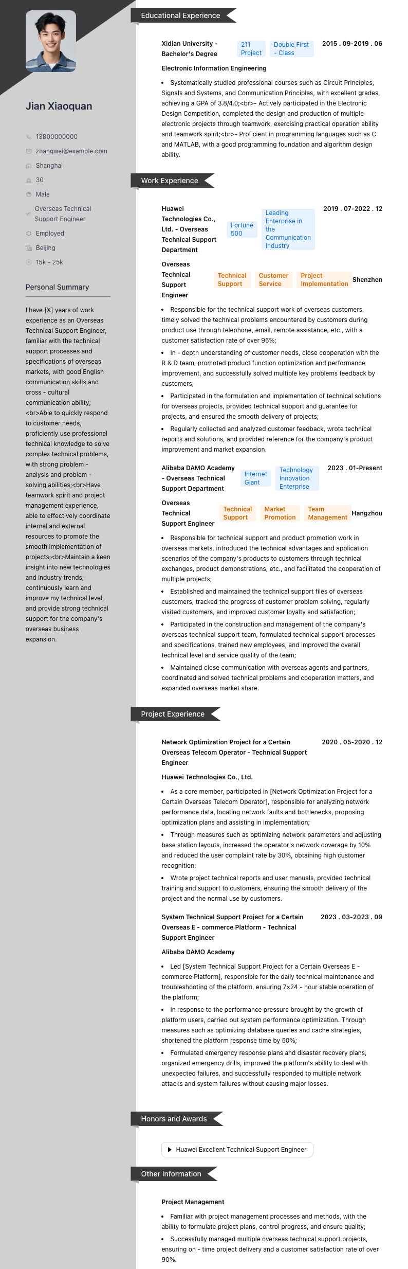 海外技术支持工程师简历模板