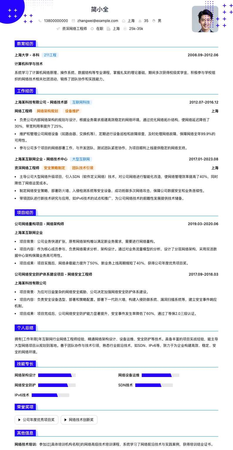 资深网络工程师简历模板