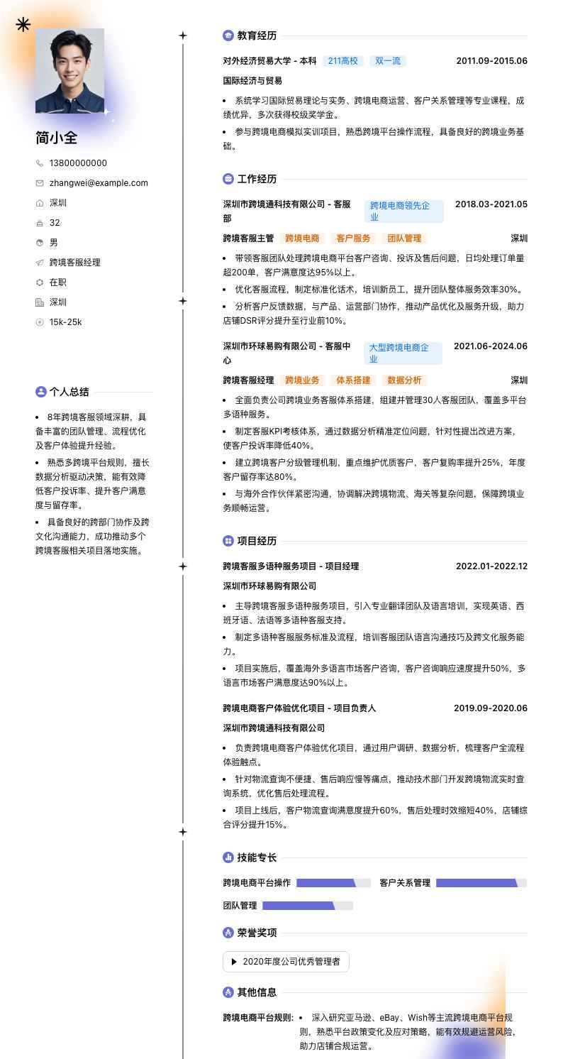 跨境客服经理简历模板