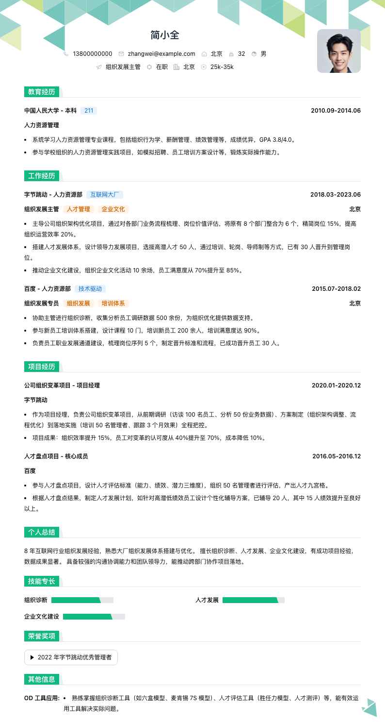 组织发展主管简历模板