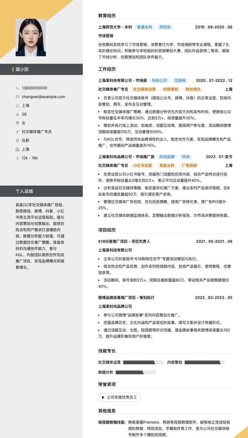 社交媒体推广专员简历模板