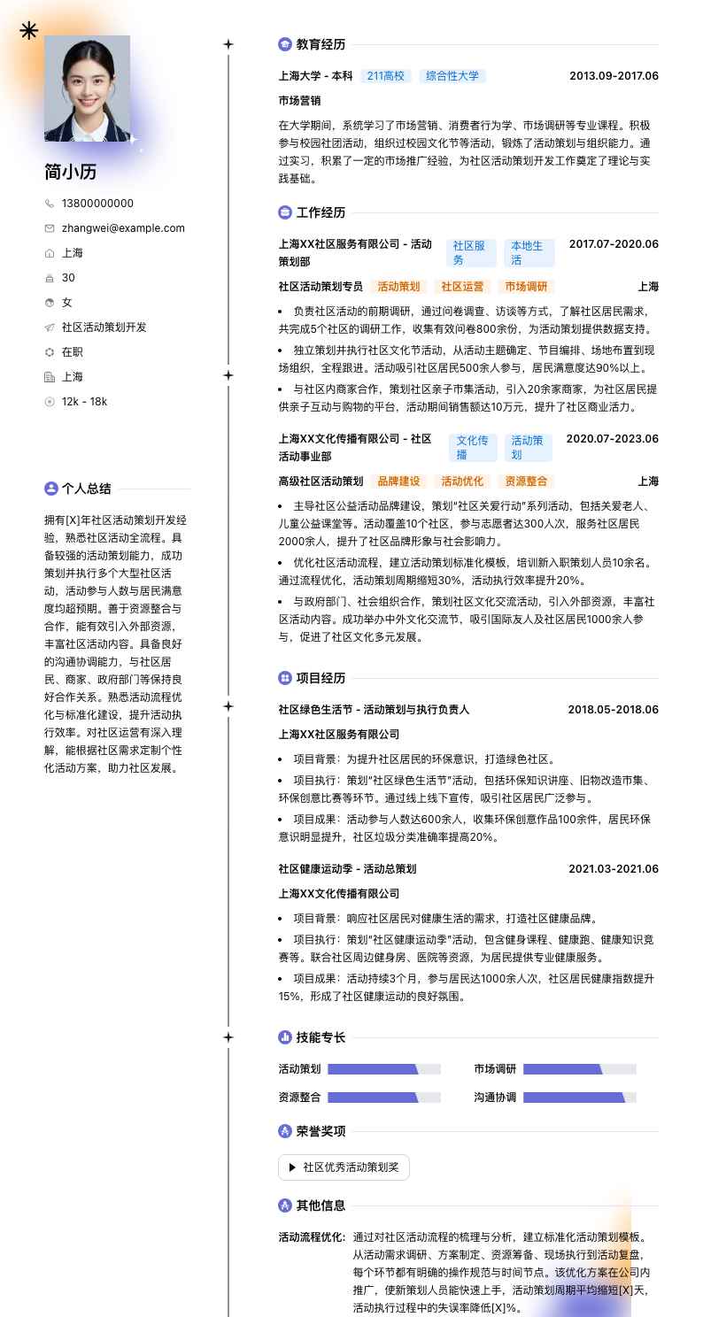 社区活动策划简历模板