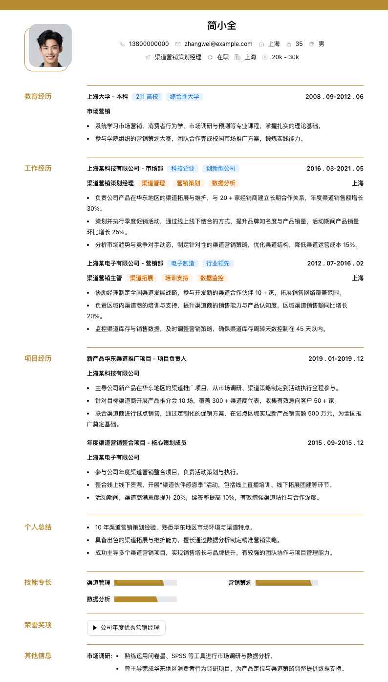 渠道营销策划经理简历模板