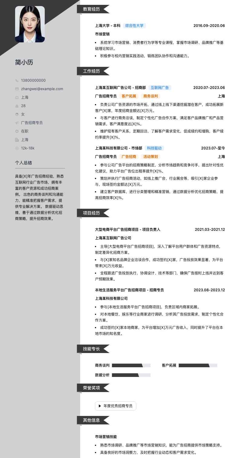 广告招商专员简历模板