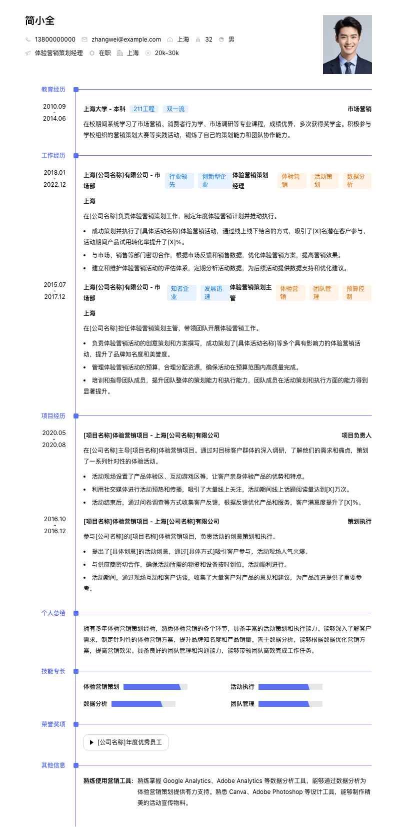 体验营销策划经理简历模板