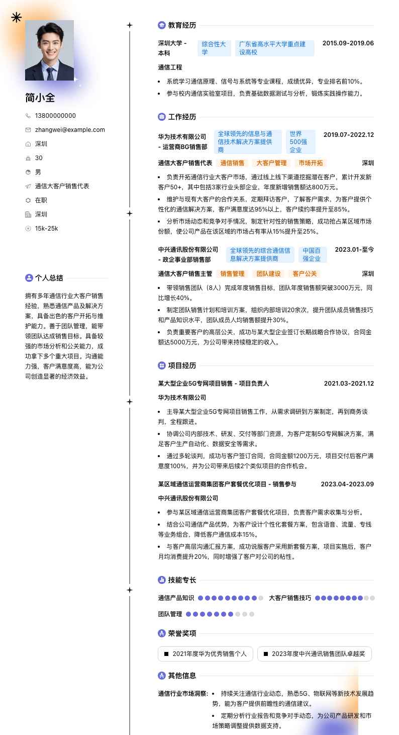 通信大客户销售代表简历模板
