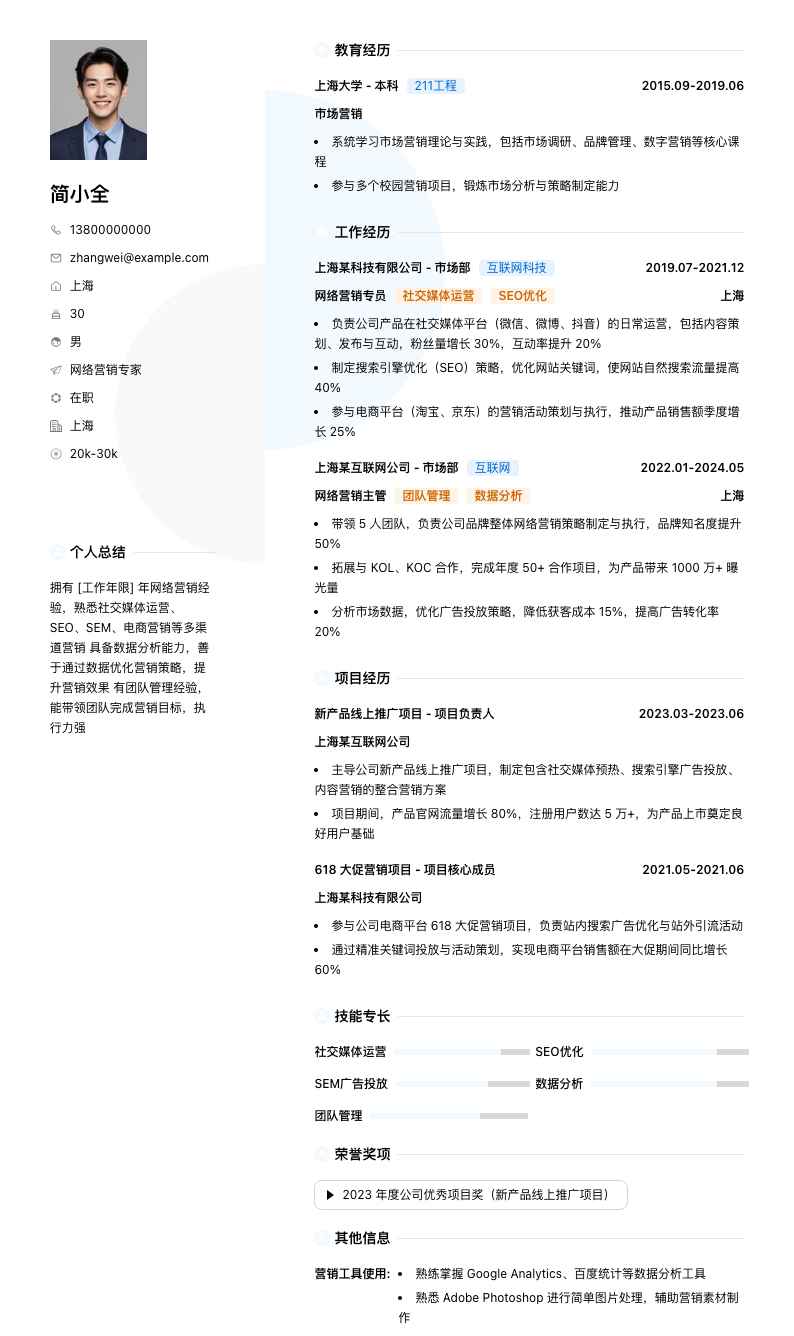 网络营销专家简历模板