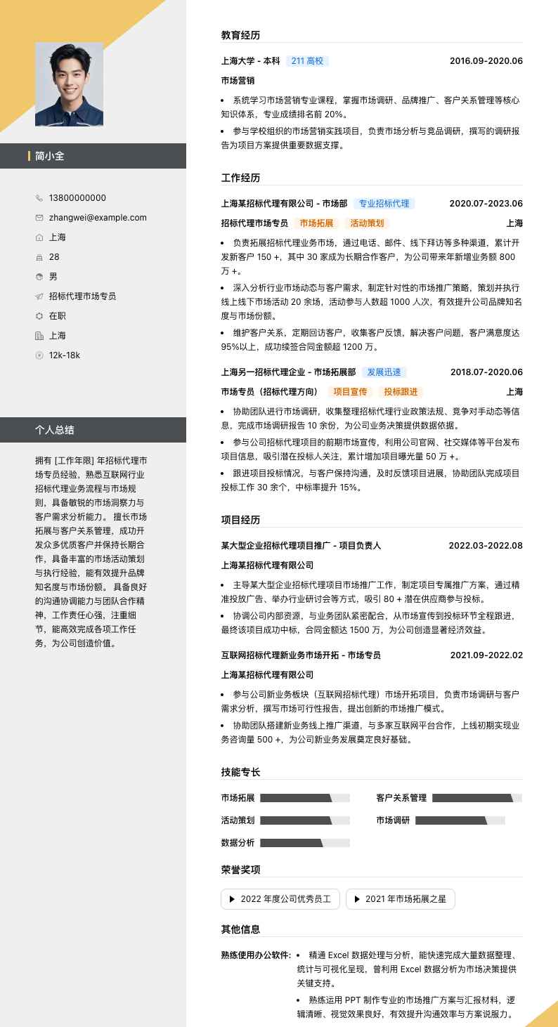 招标代理市场专员简历模板