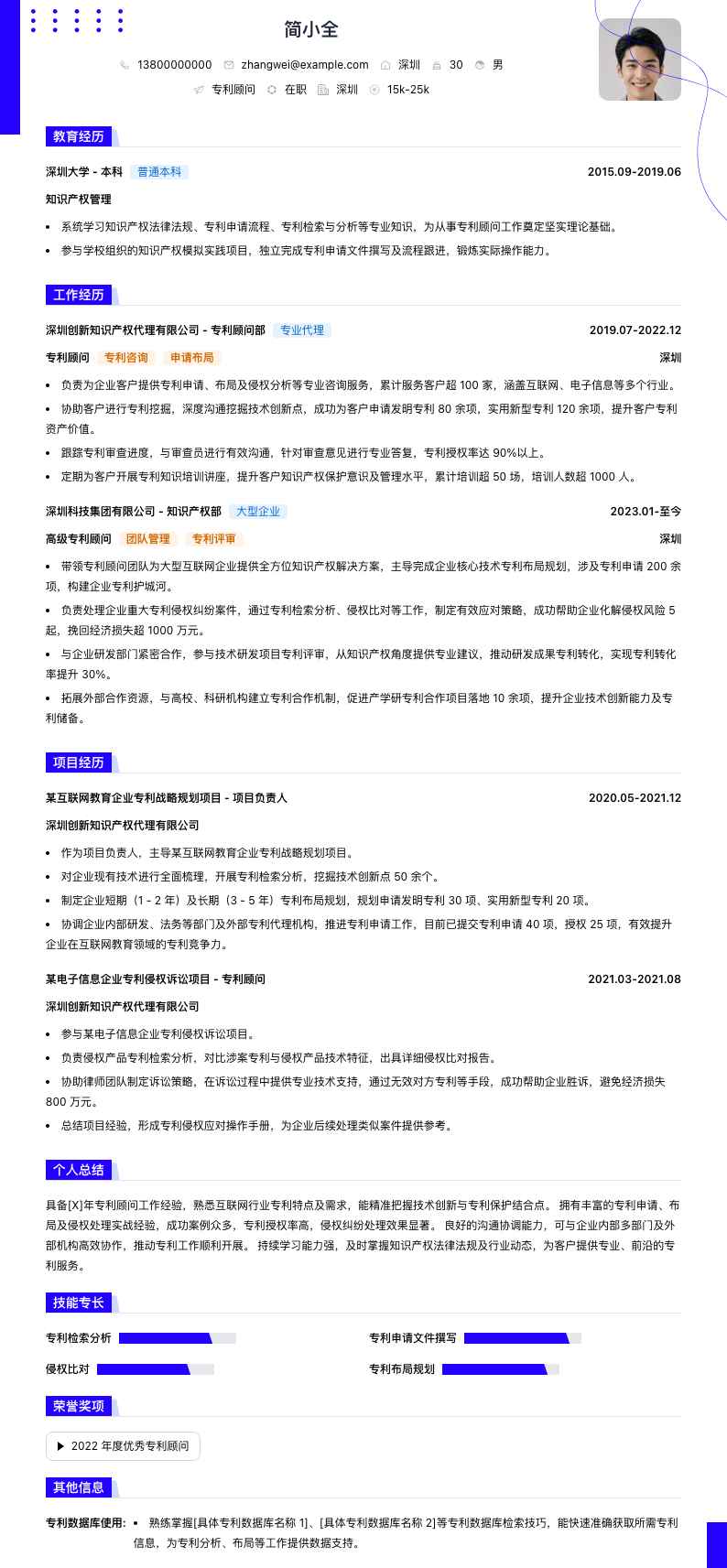 专利顾问简历模板