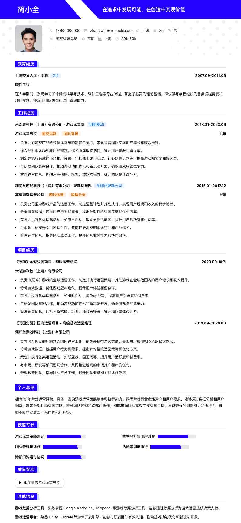 游戏运营总监简历模板