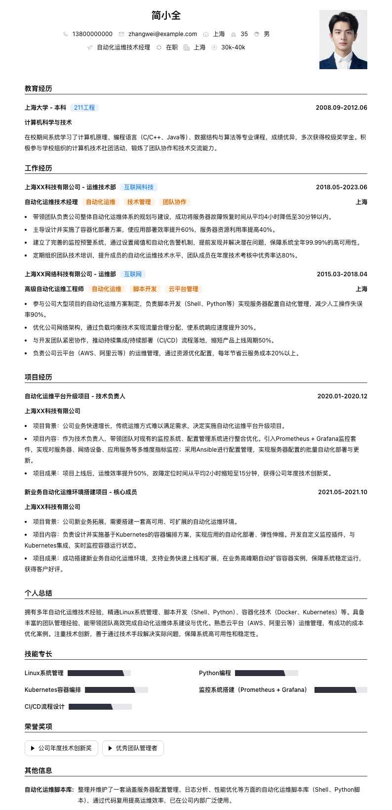 自动化运维技术经理简历模板