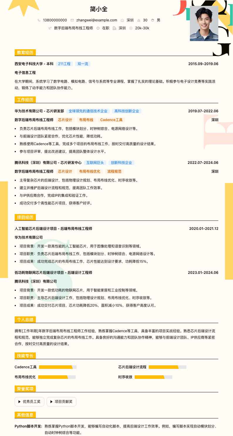 数字后端布局布线工程师简历模板