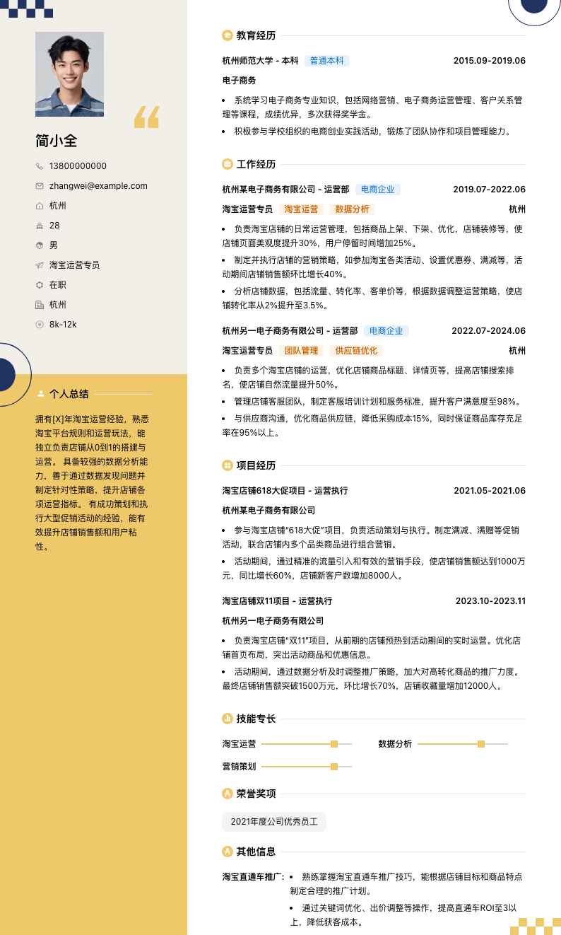 淘宝运营专员简历模板