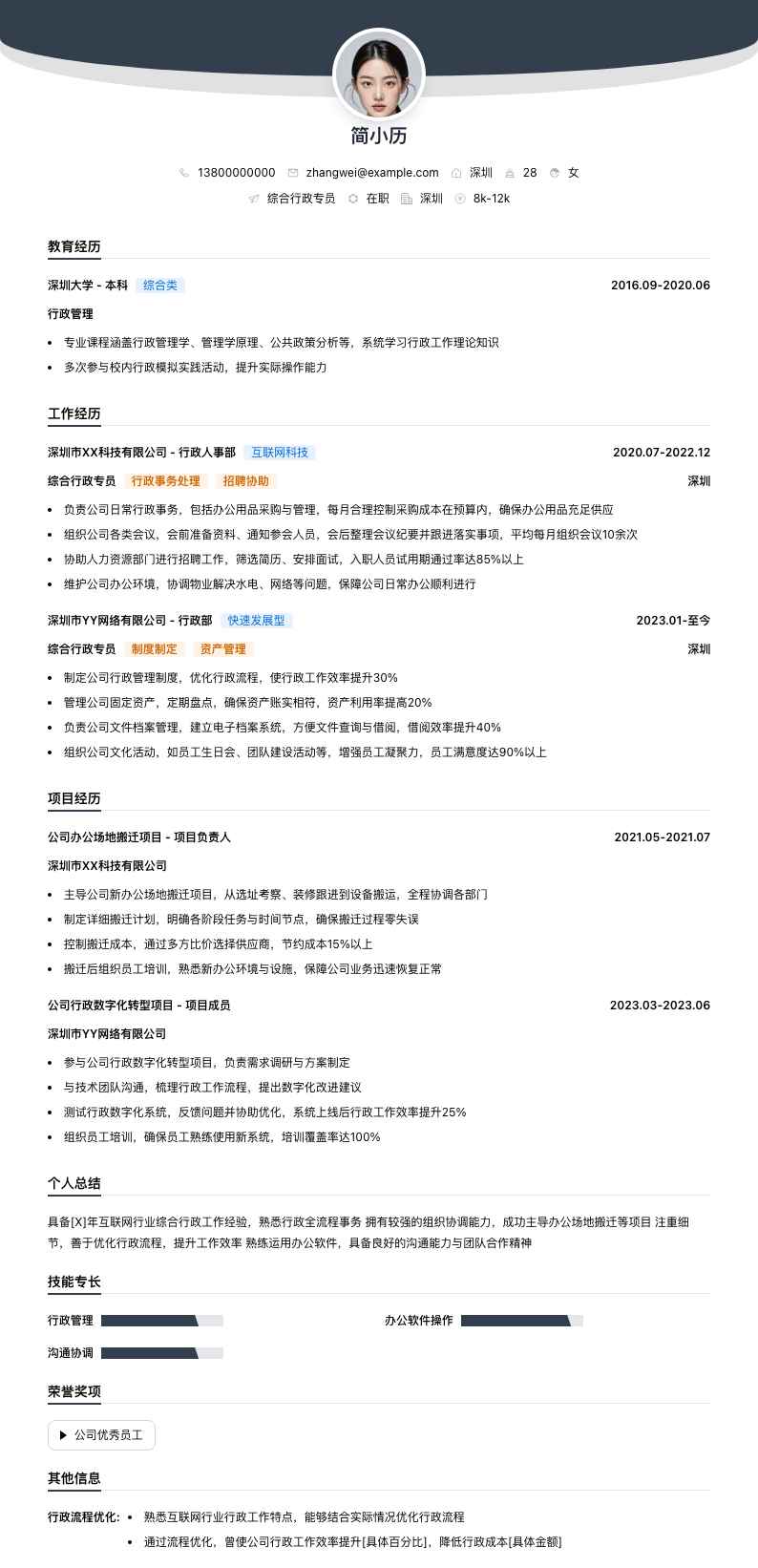 综合行政专员简历模板