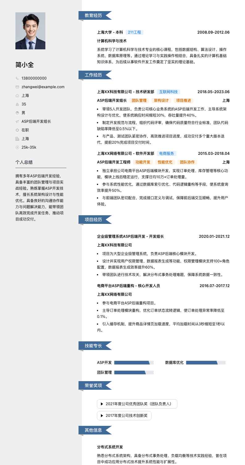 ASP后端开发组长简历模板