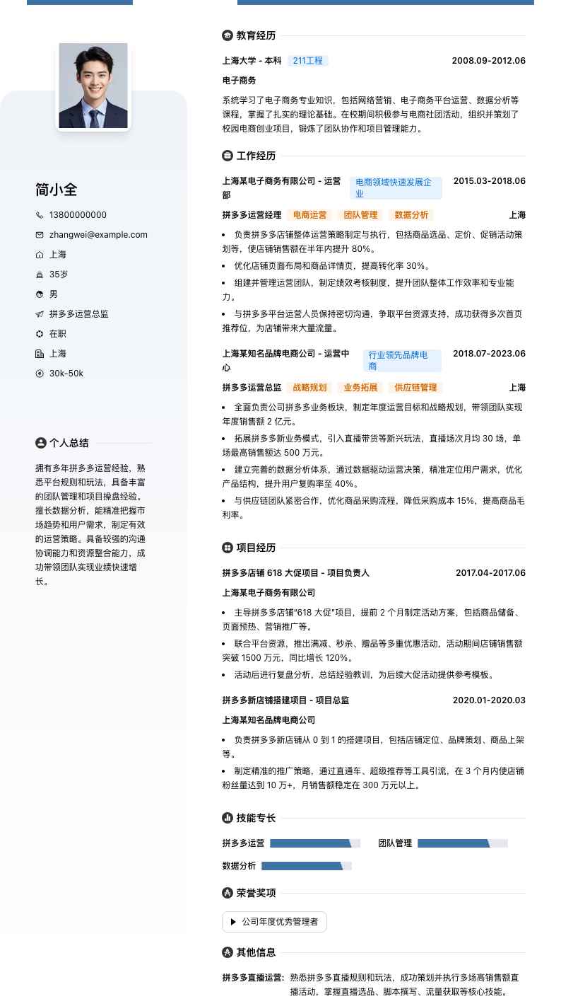 拼多多运营总监简历模板