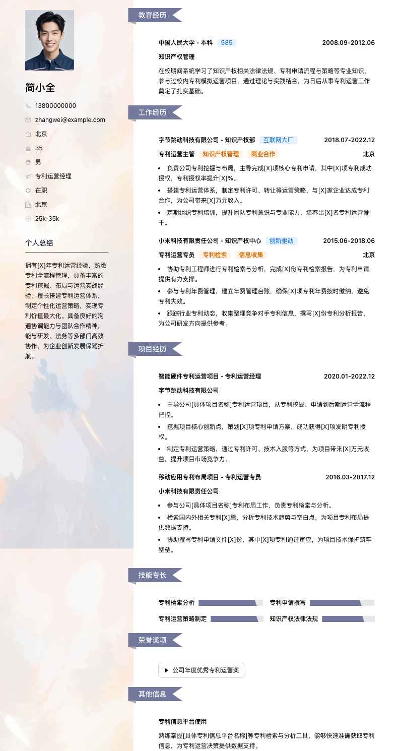 专利运营经理简历模板