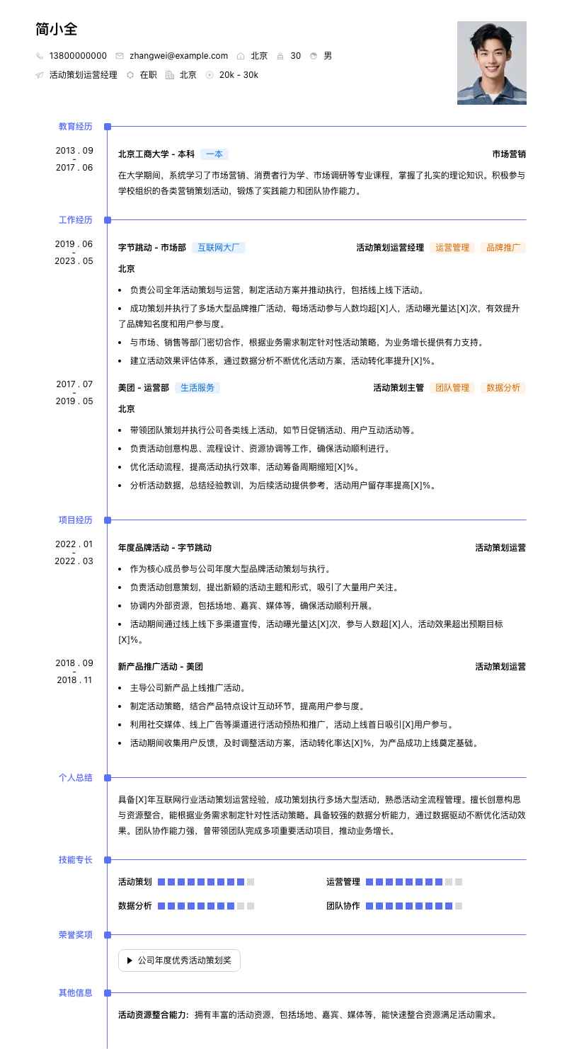 活动策划运营经理简历模板