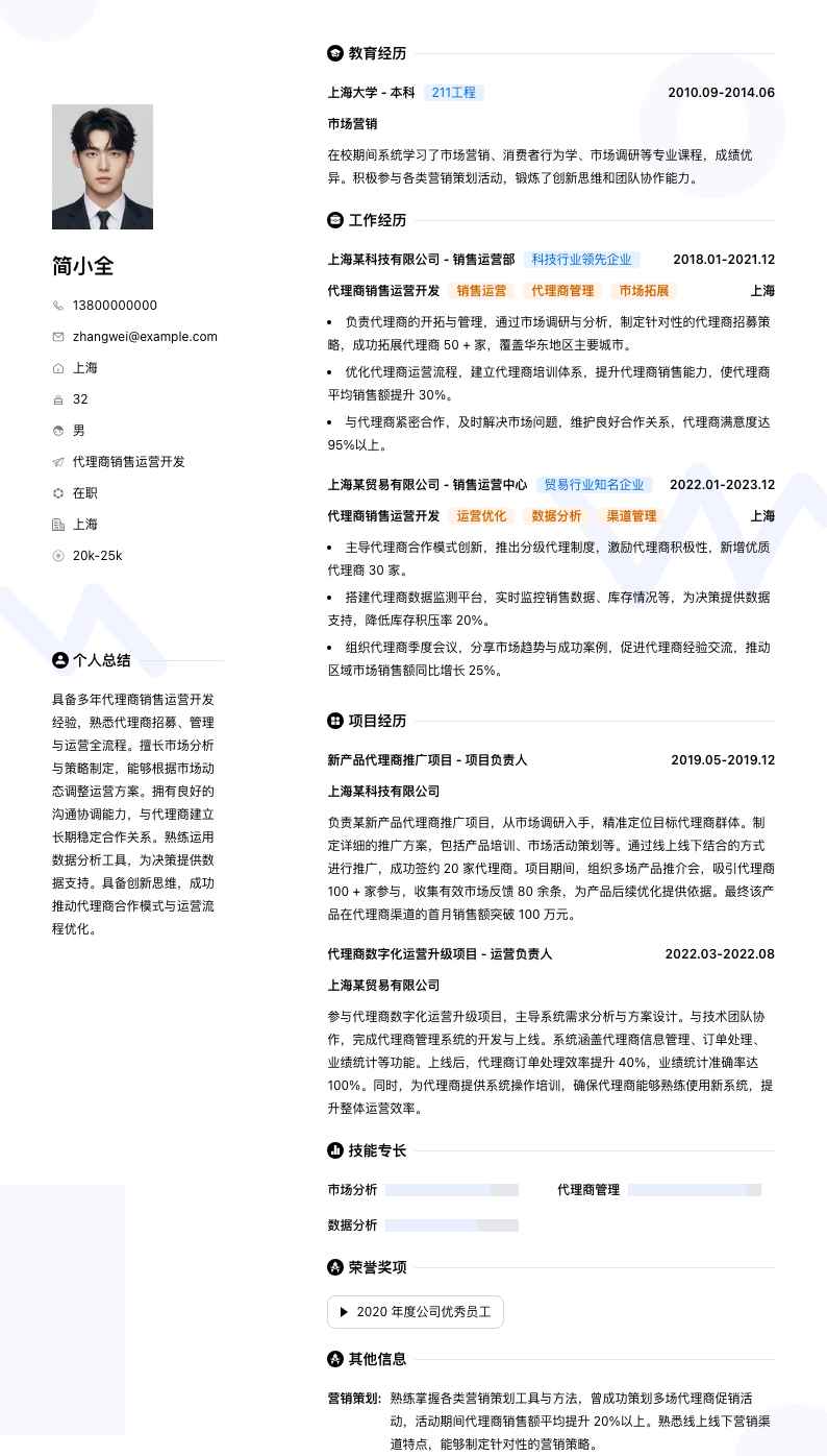 代理商销售运营简历模板