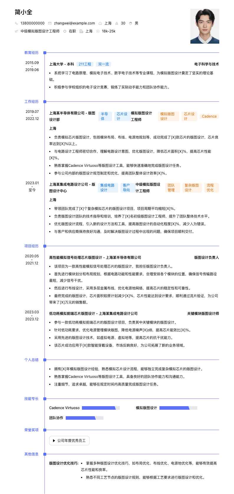 中级模拟版图设计工程师简历模板