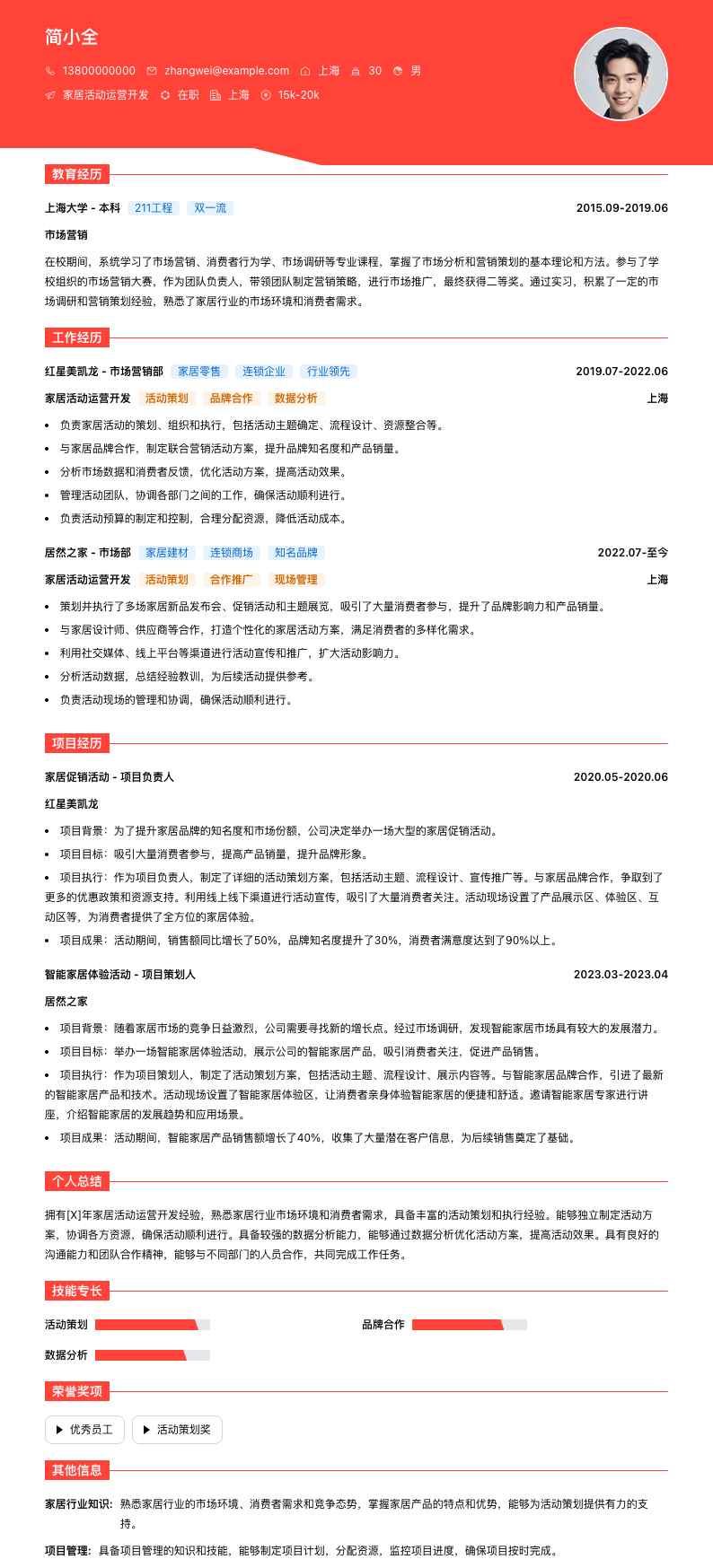 家居活动运营简历模板