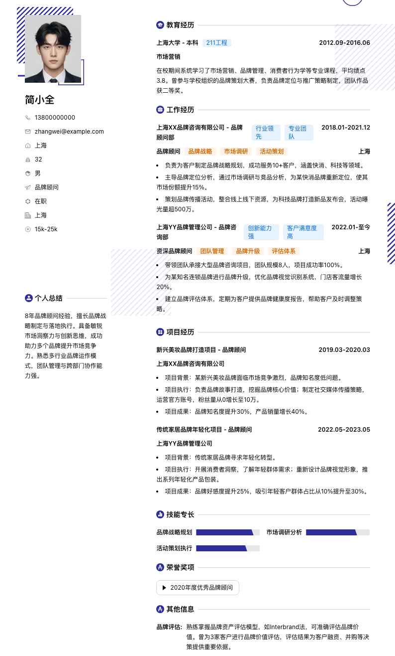 品牌顾问简历模板