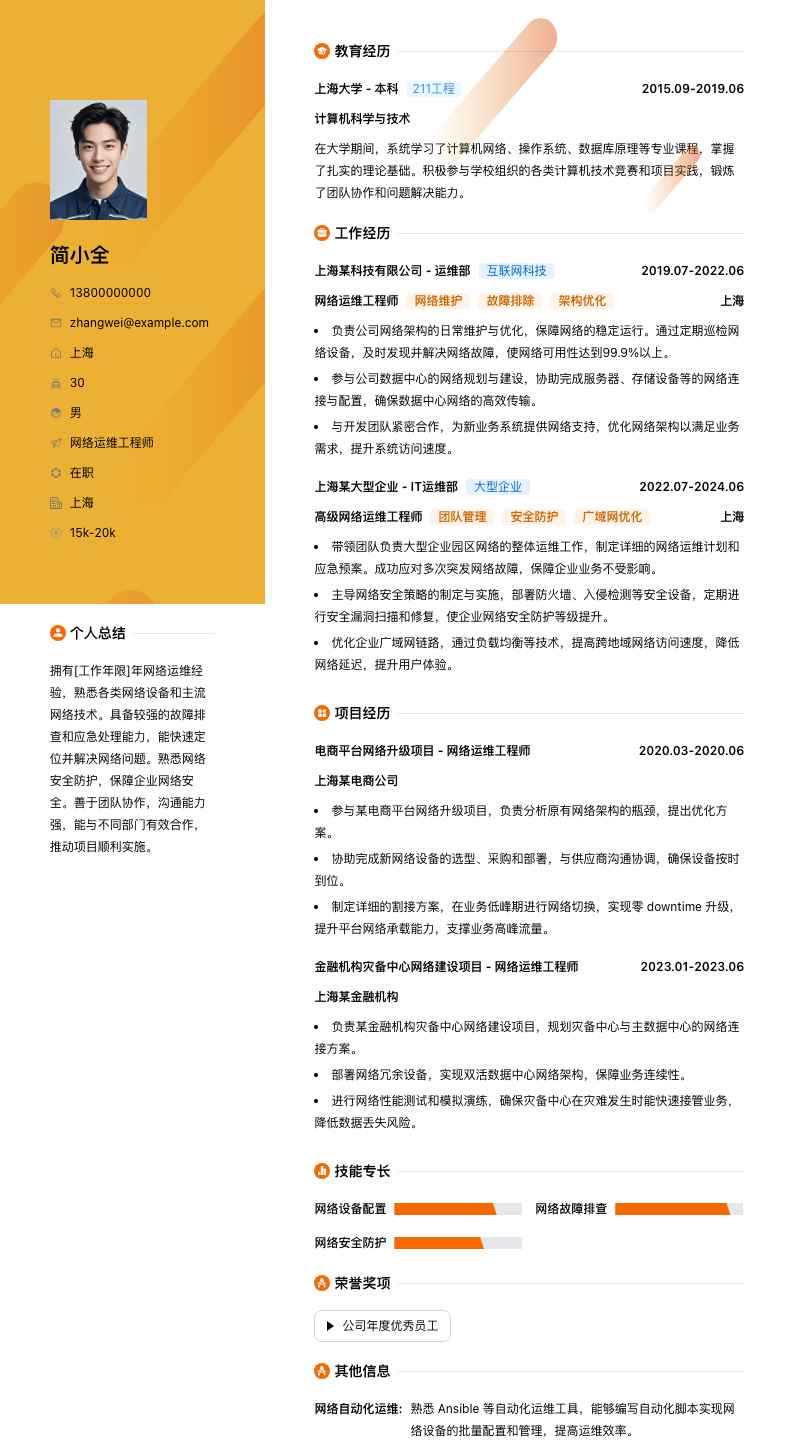 网络运维工程师简历模板