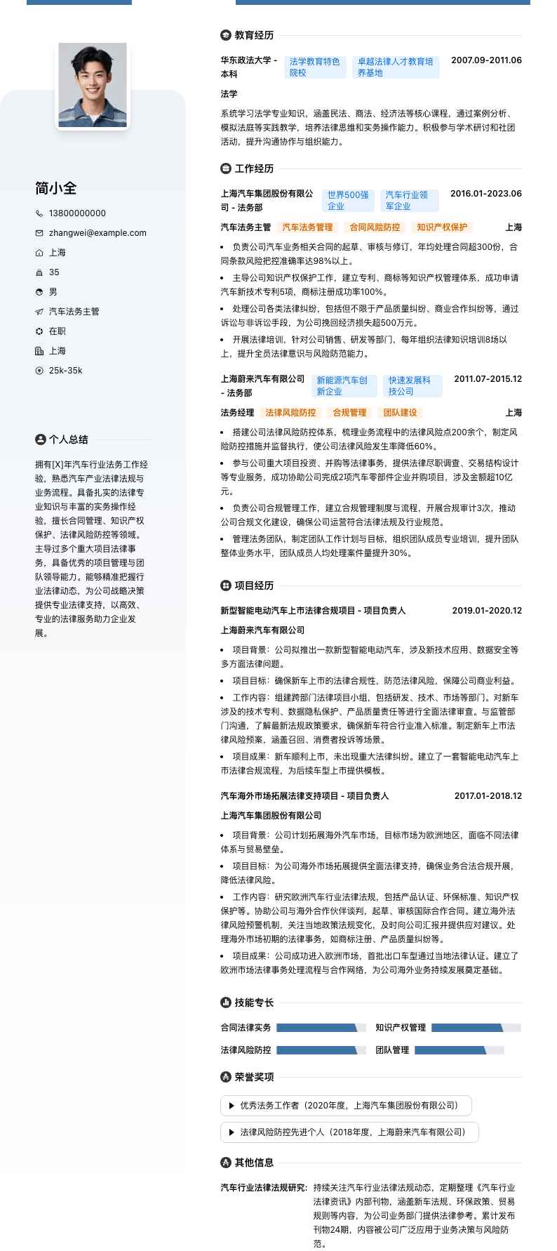 汽车法务主管简历模板