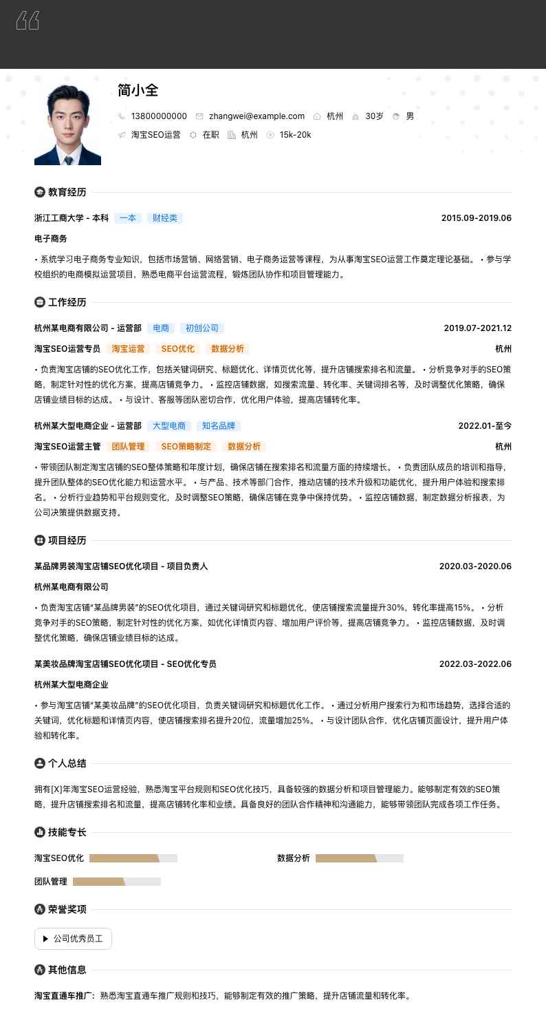 淘宝SEO运营简历模板