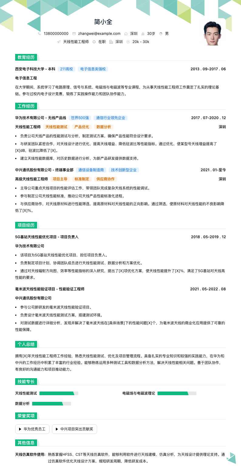 天线性能工程师简历模板