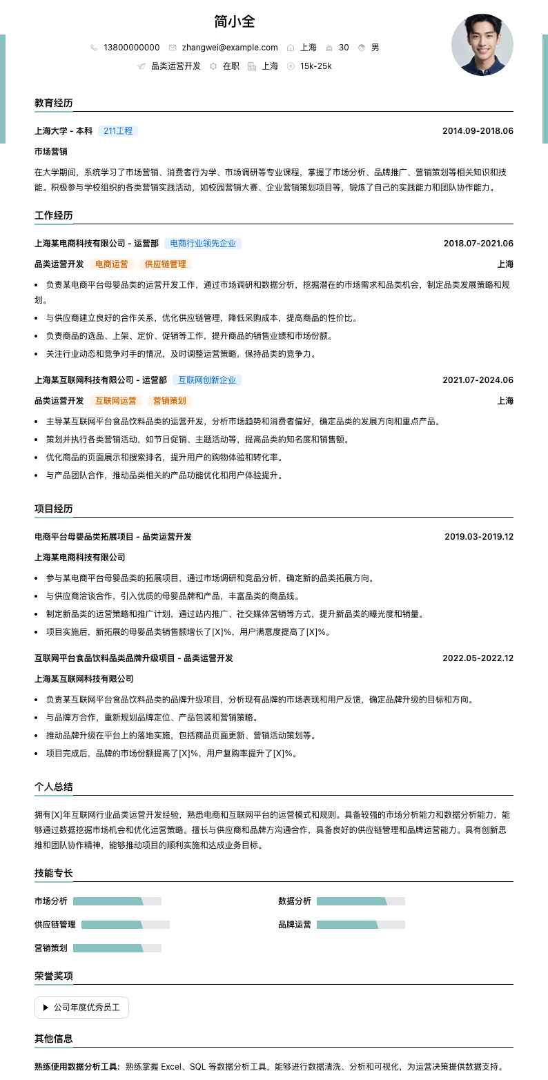 品类运营简历模板