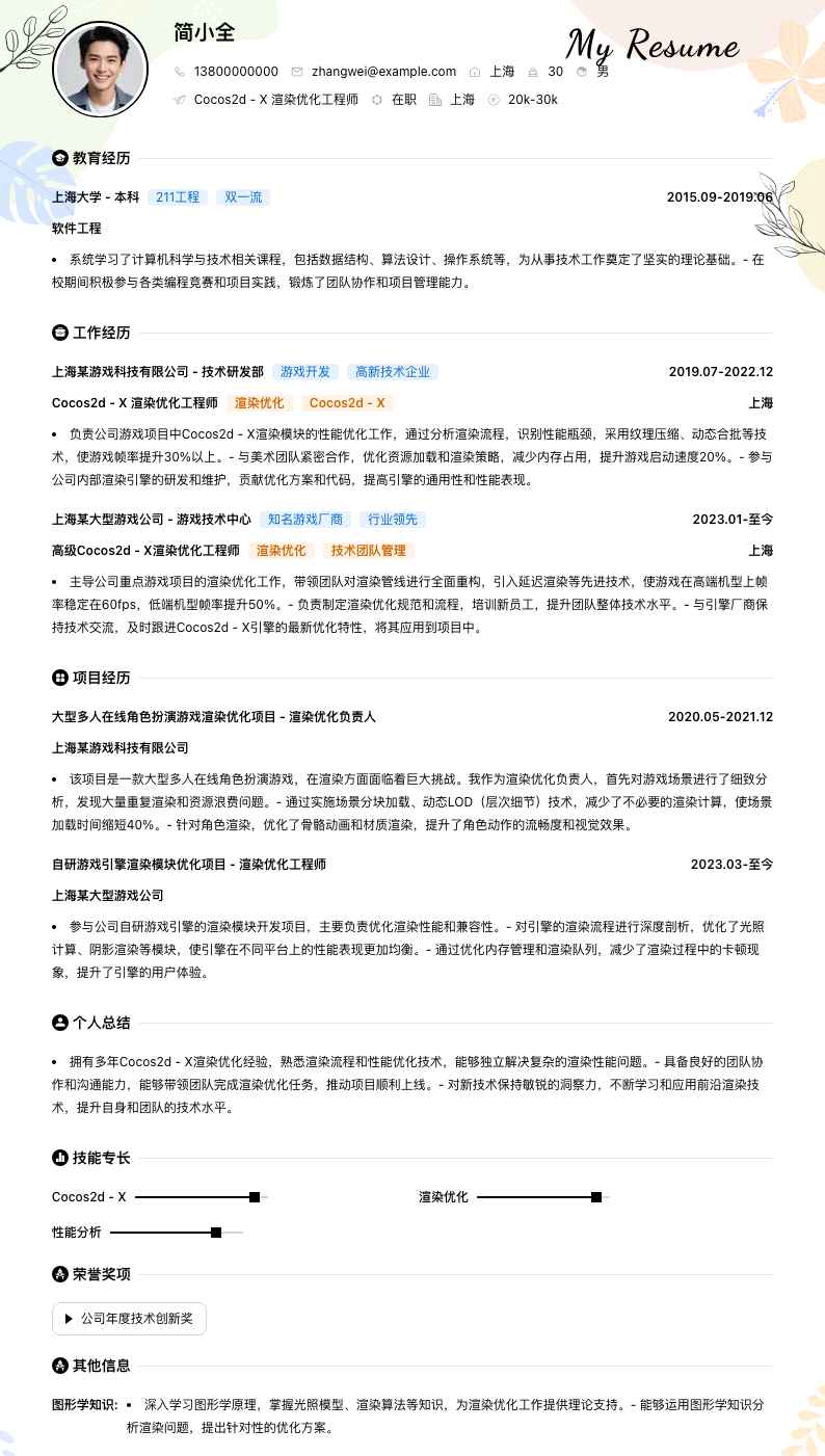 Cocos2d - X 渲染优化工程师简历模板