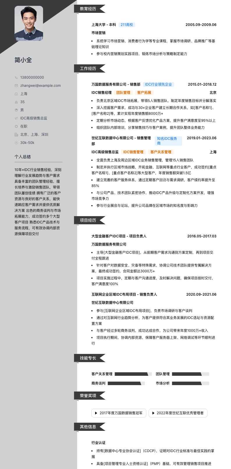 idc高级销售总监简历模板