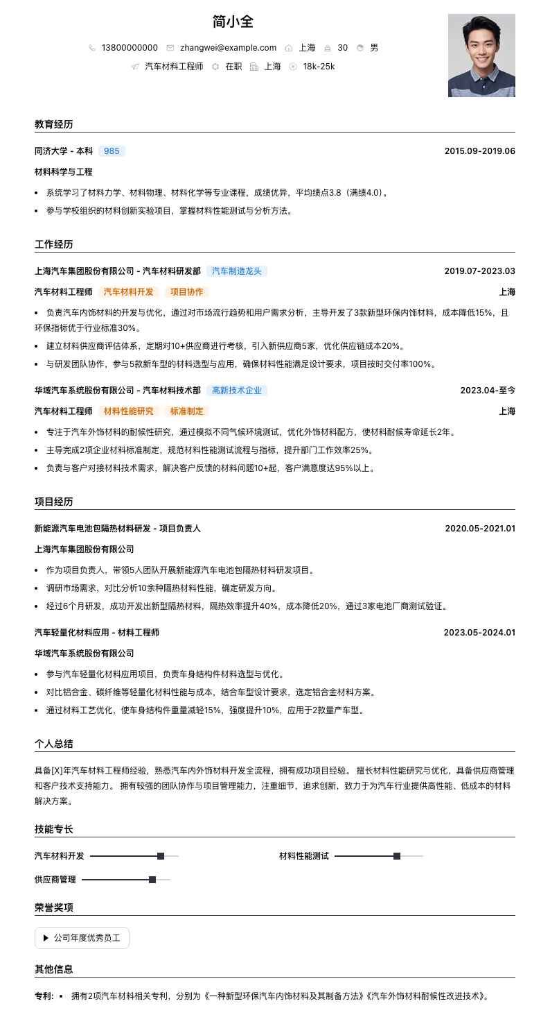 汽车材料工程师简历模板