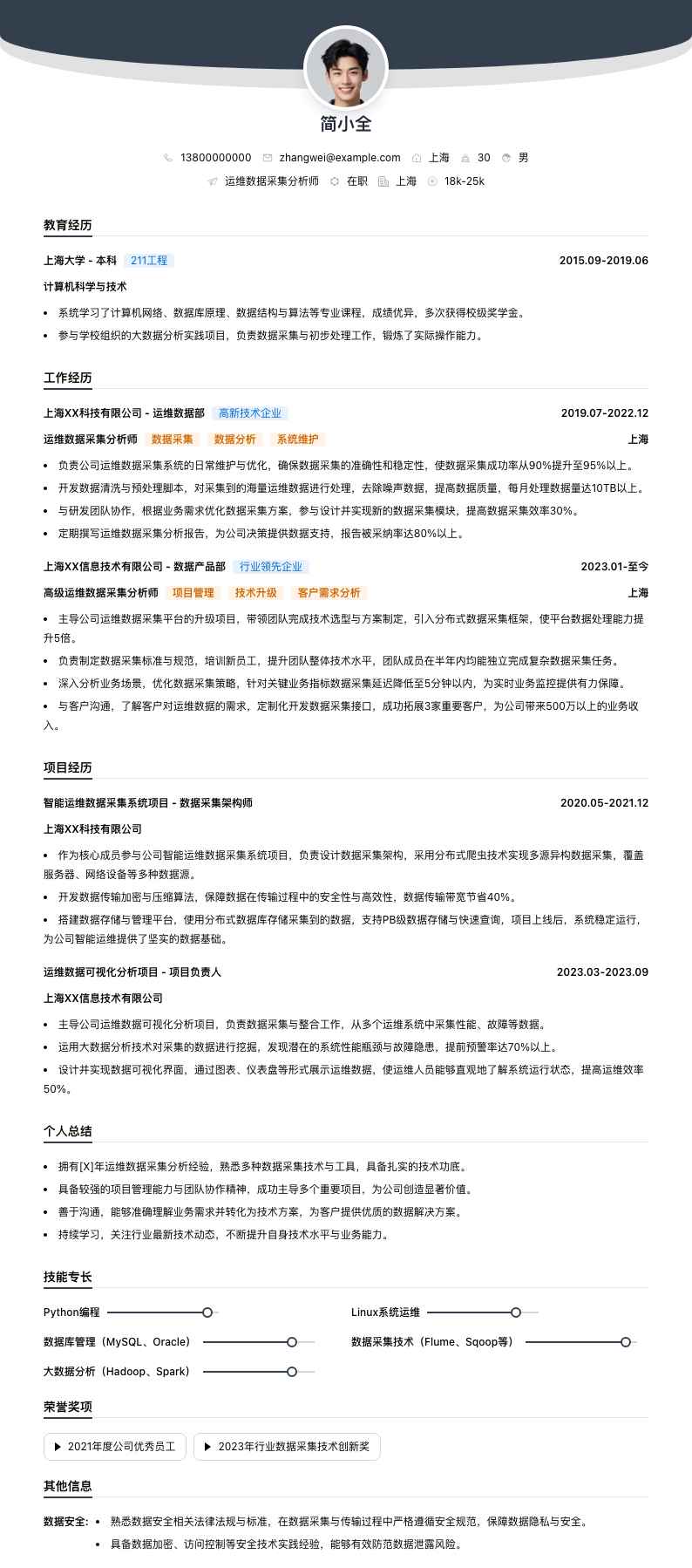 运维数据采集分析师简历模板