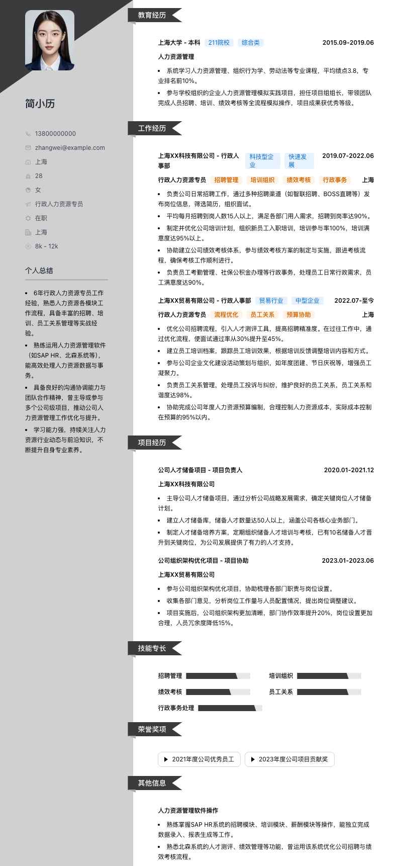 行政人力资源专员简历模板