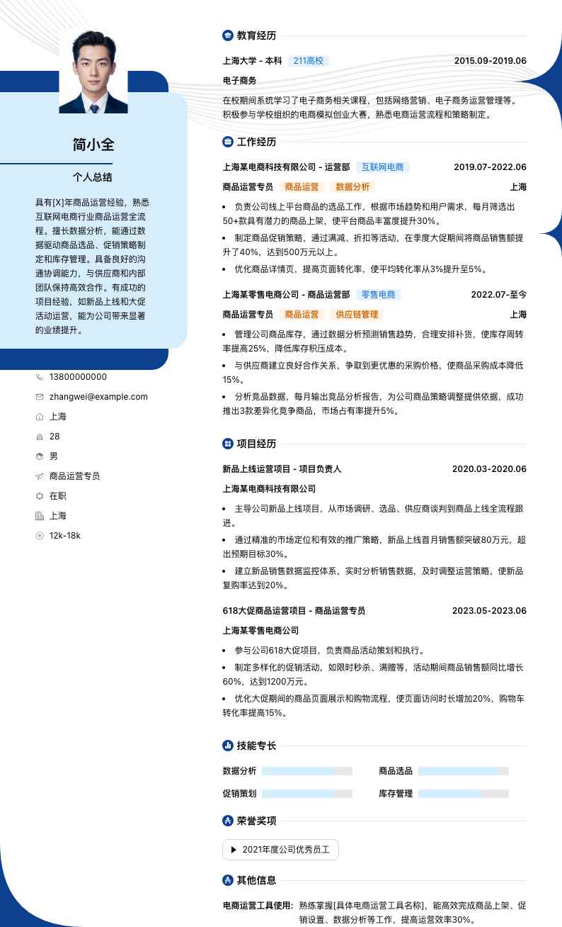 商品运营专员简历模板