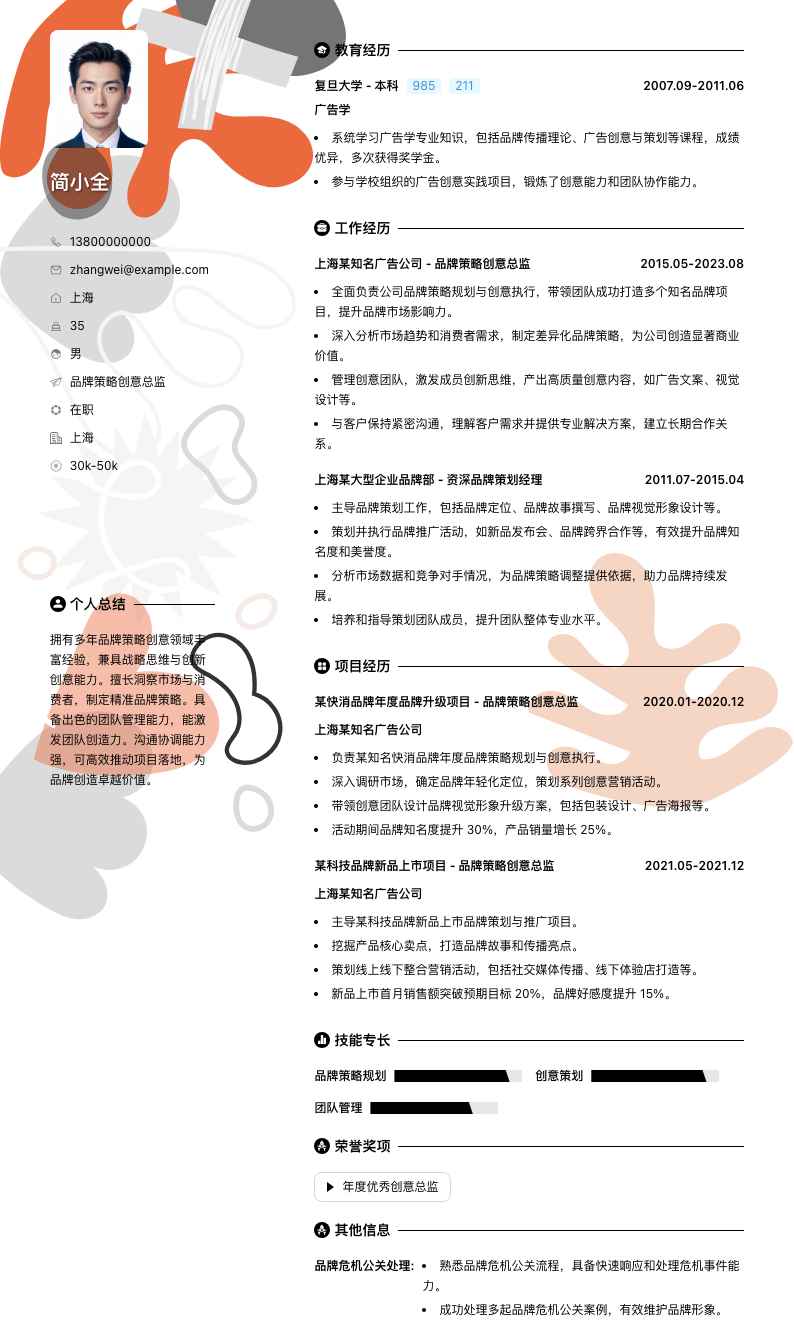 品牌策略创意总监简历模板