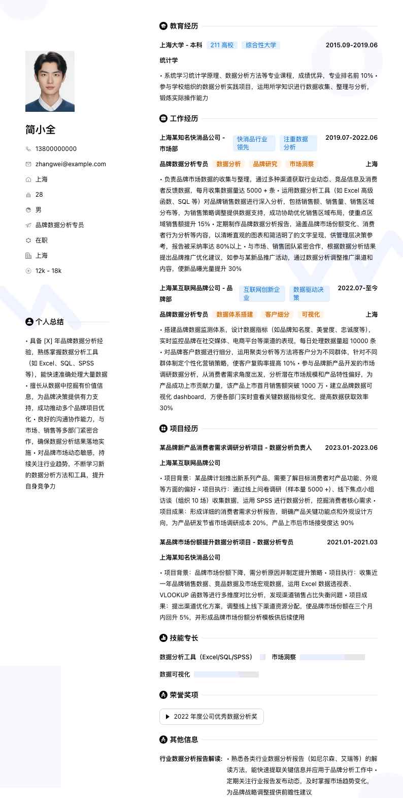 品牌数据分析专员简历模板