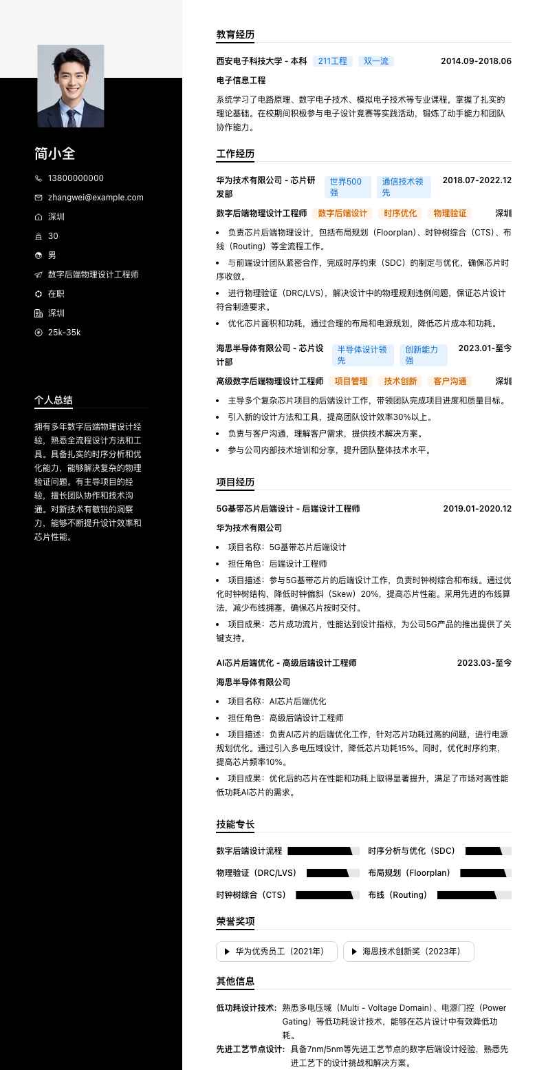 数字后端物理设计工程师简历模板