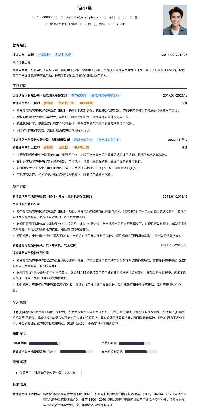 新能源单片机工程师简历模板