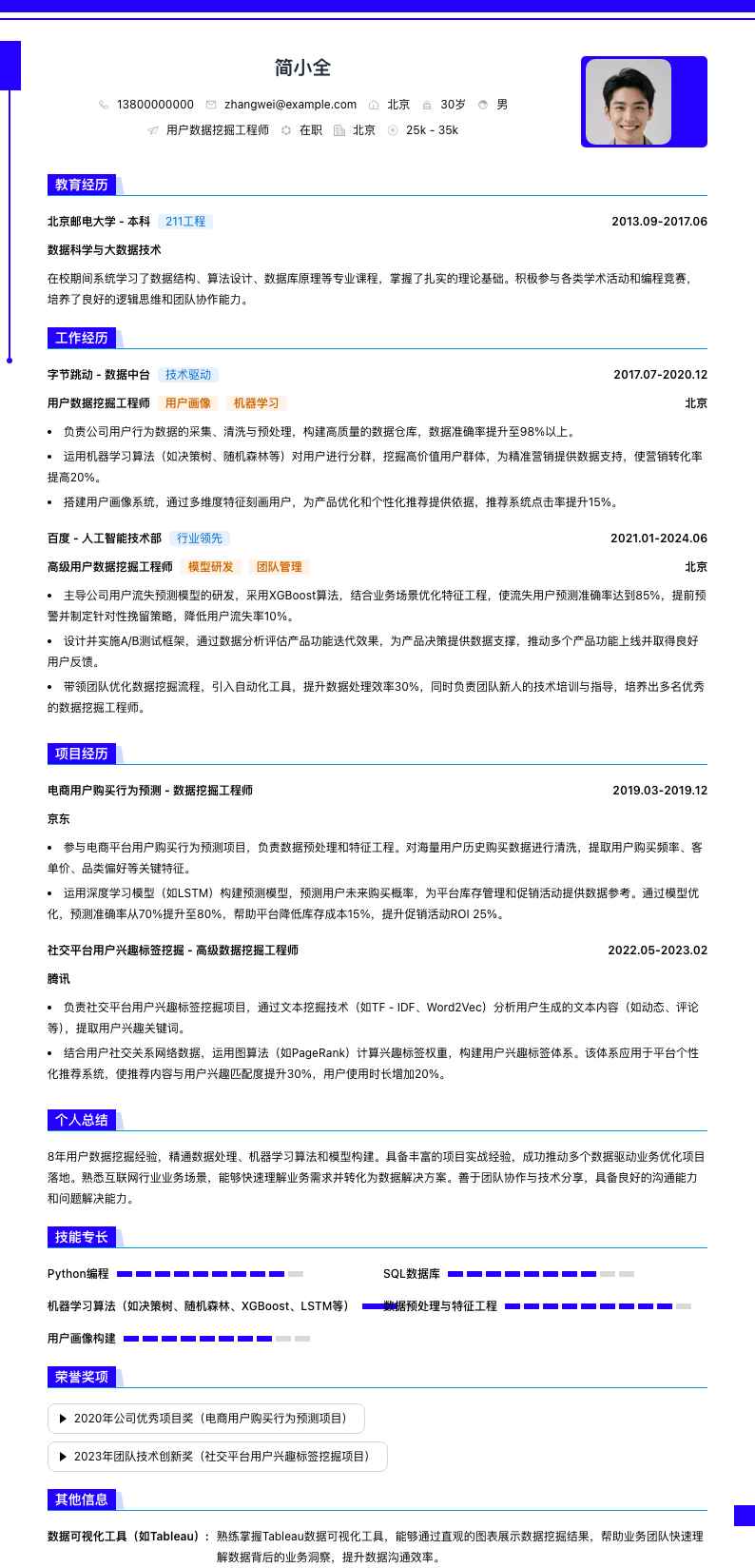 用户数据挖掘工程师简历模板