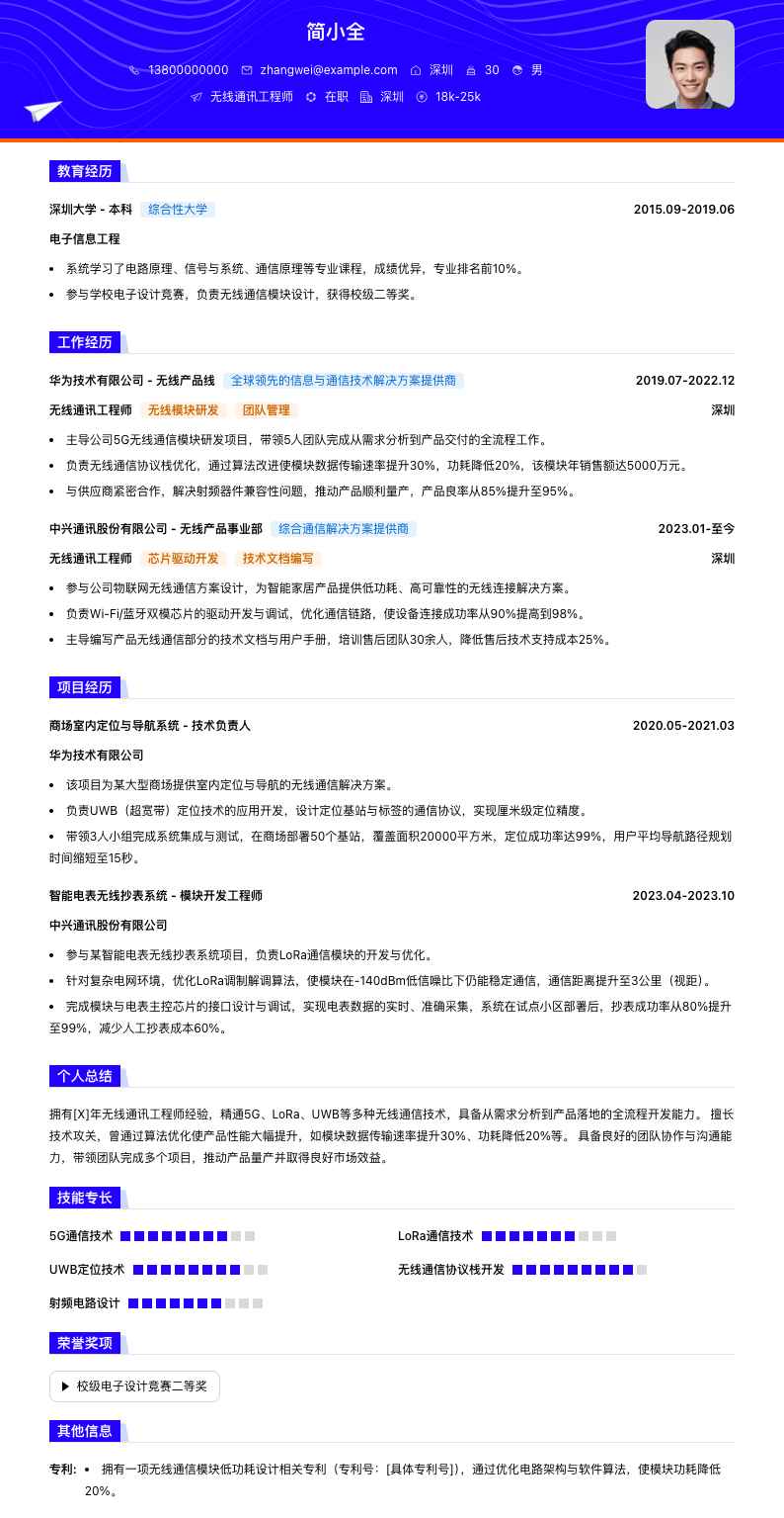 无线通讯工程师简历模板