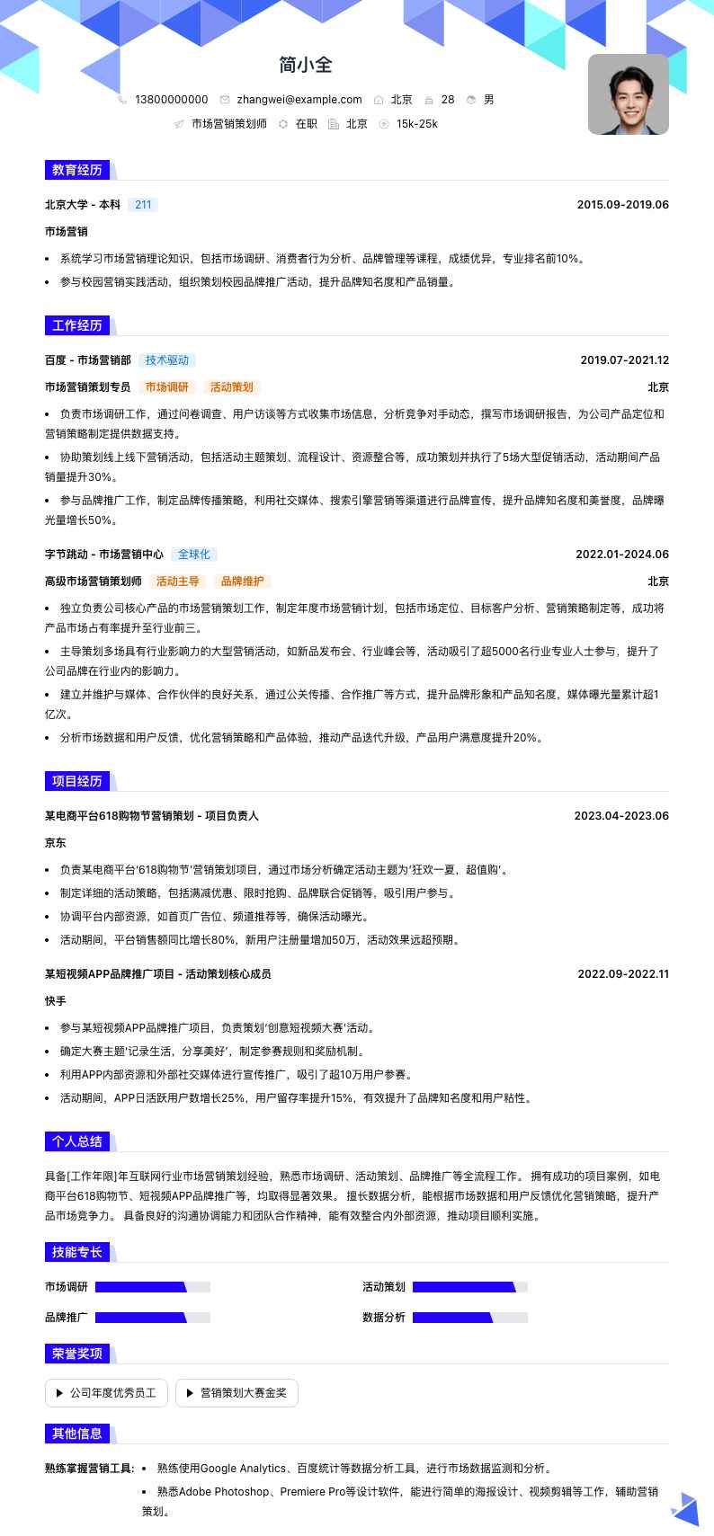 市场营销策划师简历模板