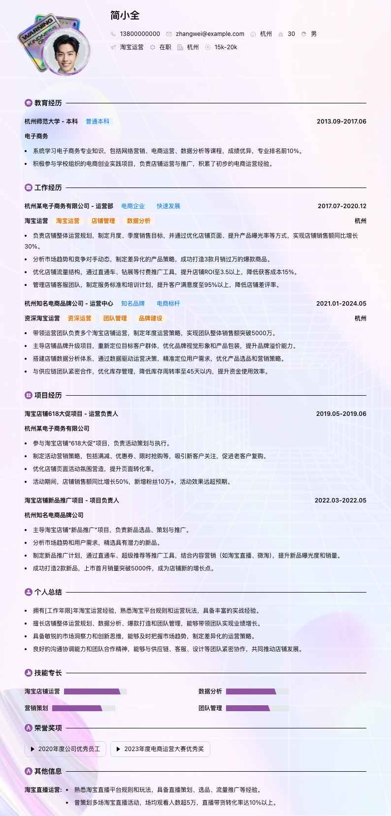 淘宝运营简历模板