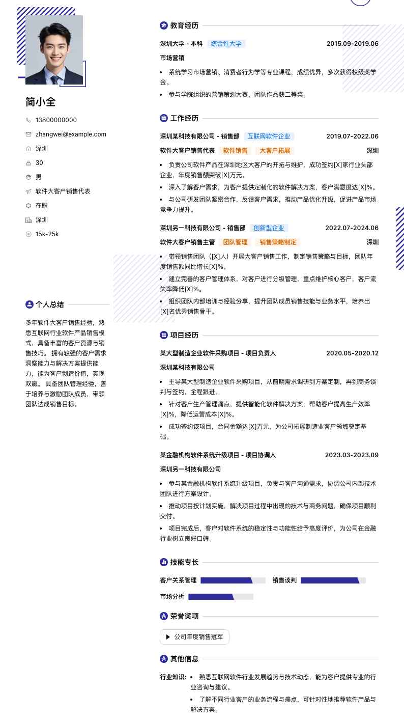 软件大客户销售代表简历模板