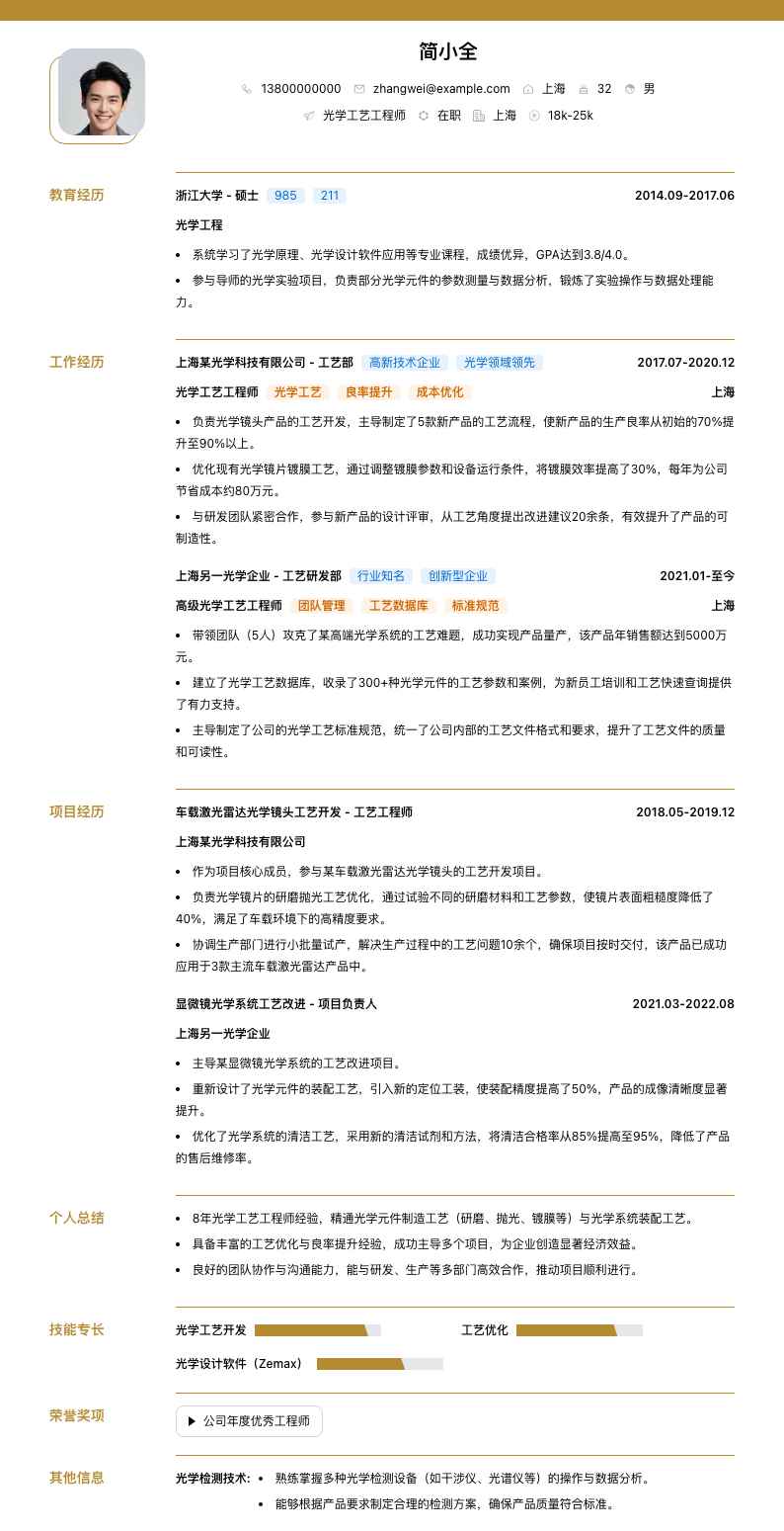 光学工艺工程师简历模板