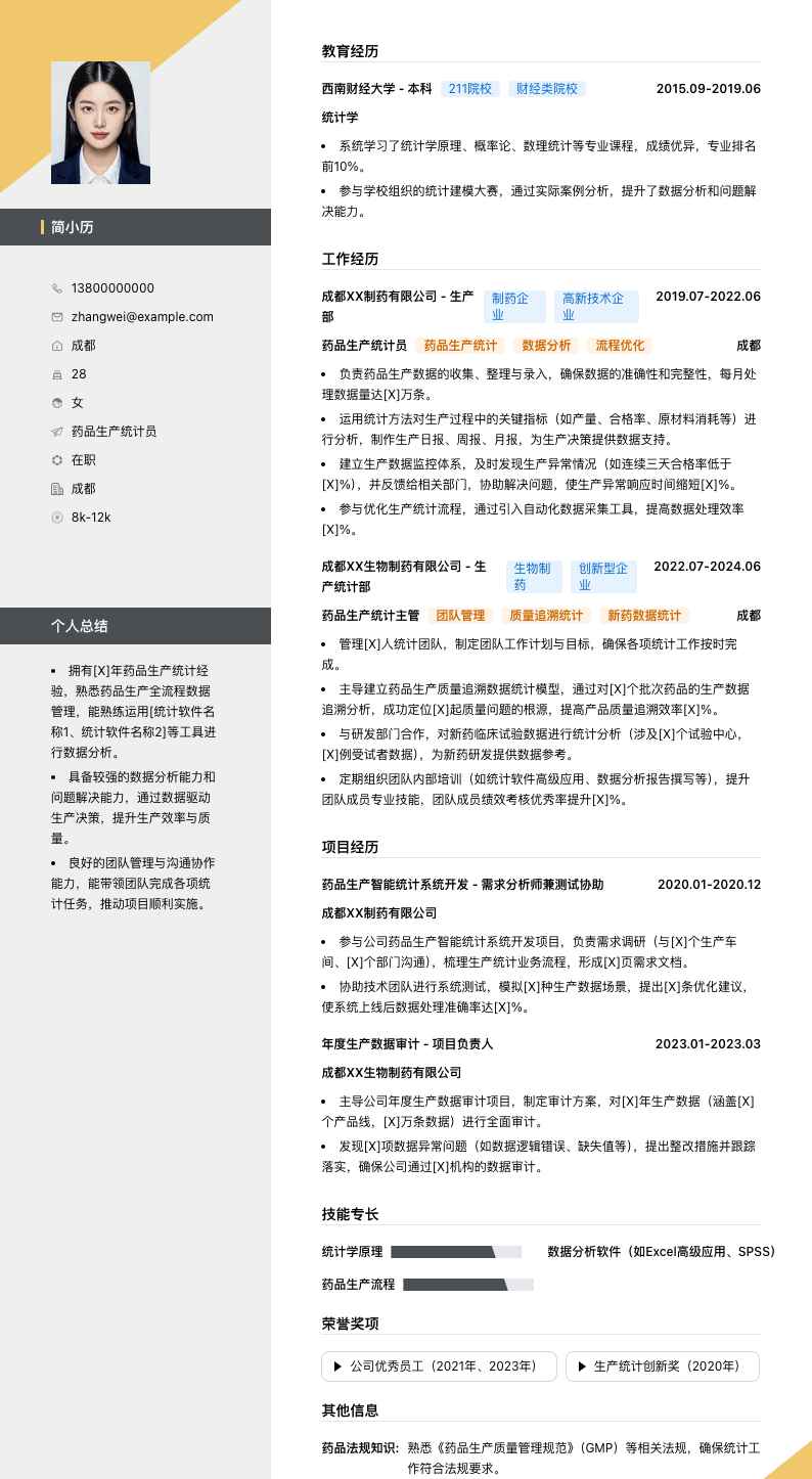 药品生产统计员简历模板